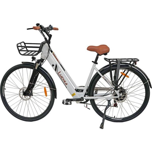 Bicicleta elétrica urbana Antares branca 700C com quadro de aço e freios a disco