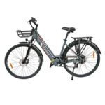 Bicicleta elétrica urbana Antares cinza 700C com quadro de aço e freios a disco