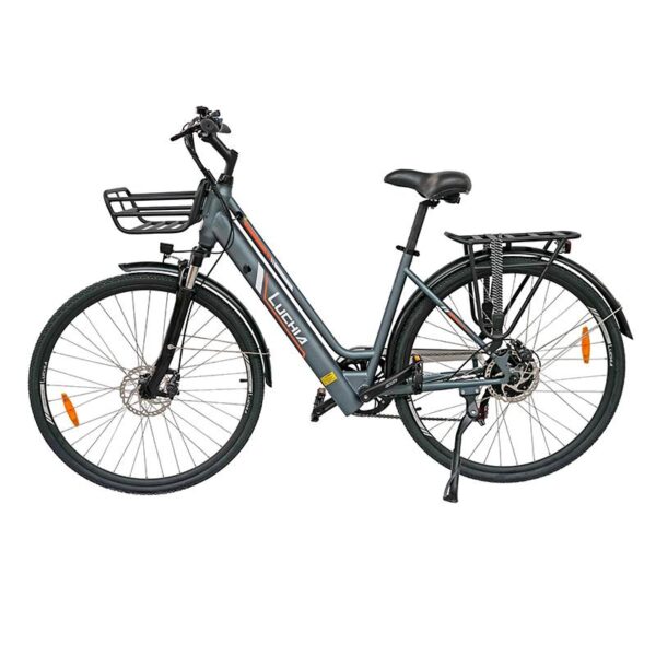 Bicicleta elétrica urbana Antares cinza 700C com quadro de aço e freios a disco