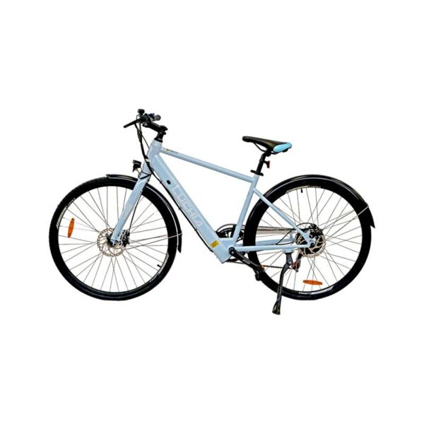 Bicicleta de estrada elétrica Atria Light Blue 700c com estrutura de aço e freios a disco