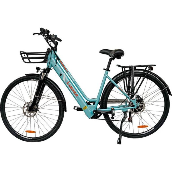 Bicicleta elétrica urbana Antares azul 700C com estrutura de aço e freios a disco