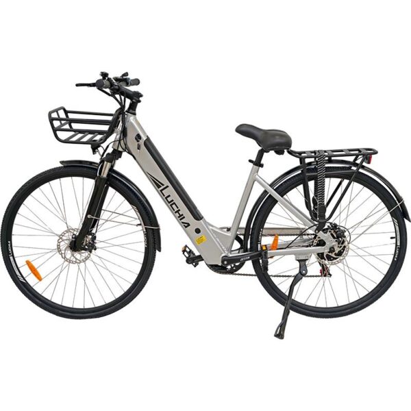 Bicicleta elétrica urbana Arturo prata 700C com quadro de alumínio e freios a disco