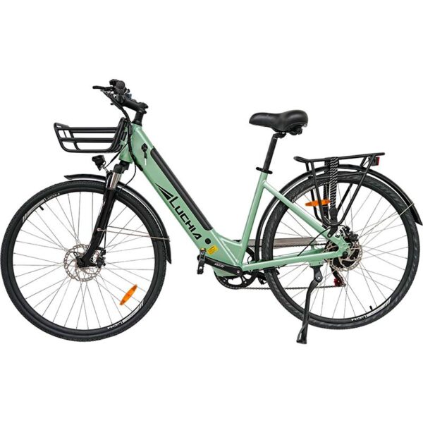 Bicicleta elétrica urbana Arturo verde 700C com quadro de alumínio e freios a disco